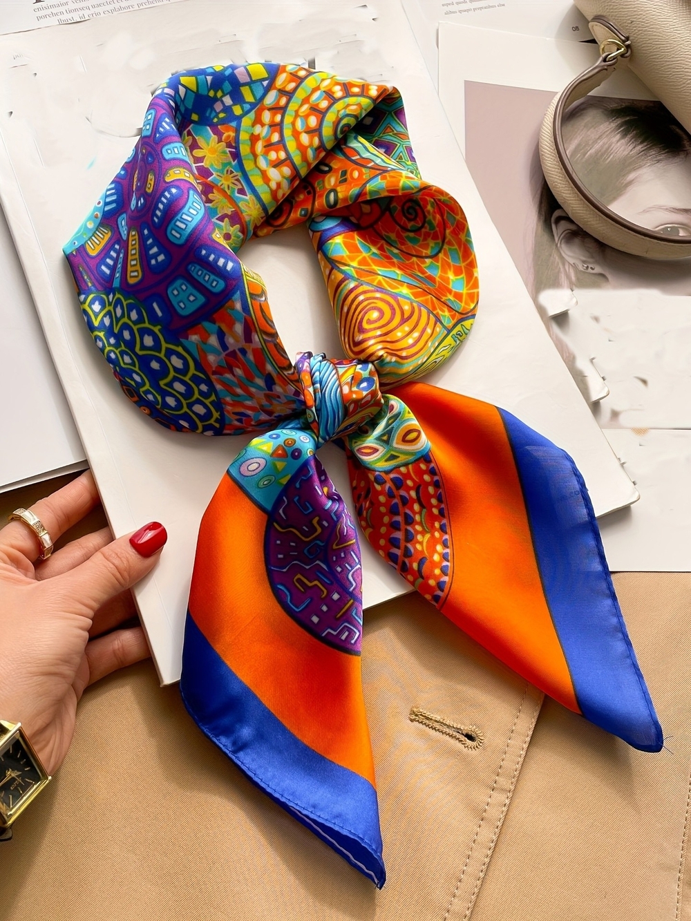 Silk-feel Vibrant Multicolor Silk Scarf with Orange and Blue
